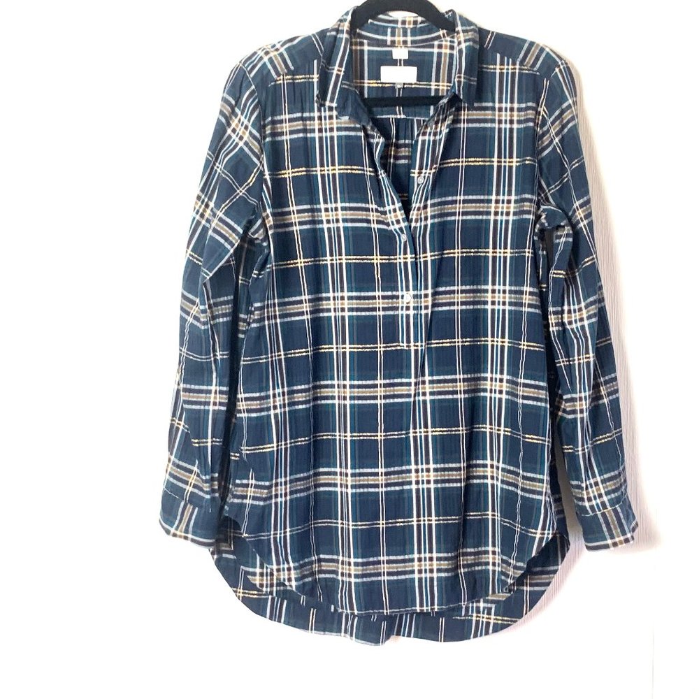 Ann Taylor Loft Softened Metallic Plaid Popover L